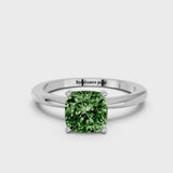 White gold Fancy Green Cushion Cut Diamond Solitaire Ring with Six-Prong Setting and Classic Band