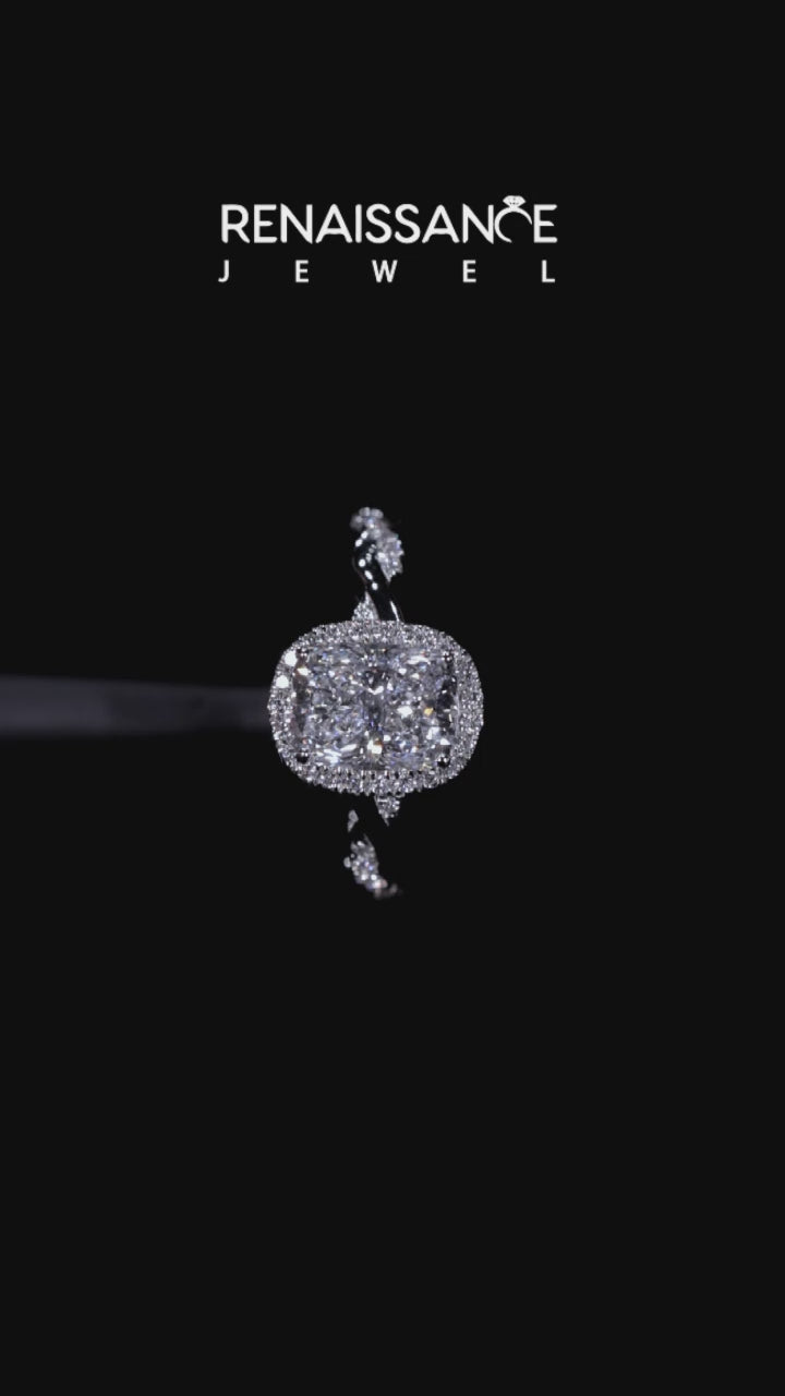 White gold Cushion Halo Twist Band with Four-Prong Setting 4