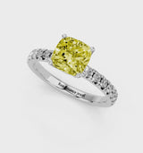 Platinum Fancy Yellow Cushion  Solitaire Pave Diamond Engagement Ring with Four-Prong Setting