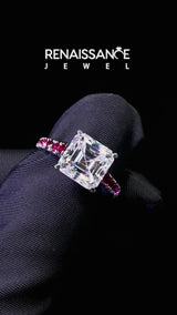 Silver Asscher Cut Diamond Cathedral Solitaire Ring with Round with Ruby side stone Pavé Band