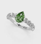 Silver Fancy Green Pear Cut Diamond Prong Setting with Side Stones on a Pave Band