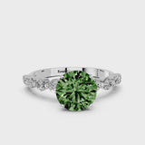 Platinum Fancy Green Round Cut Solitaire Diamond Ring with Pave Band and Four-Prong Setting