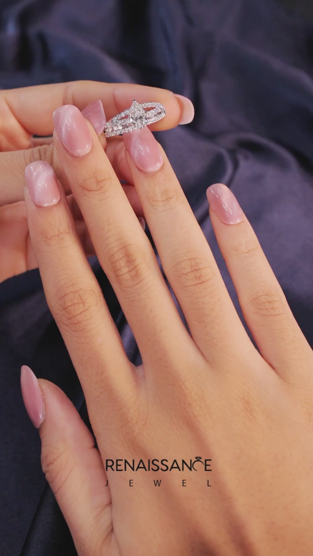 Platinum Pear Solitaire Twist Band with Pavé Setting and Four-Prong Setting 5