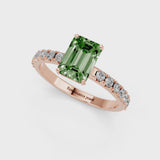Rose gold Fancy Green Emerald Cut Diamond Solitaire Pavé Band with Four-Prong Setting