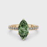 Yellow gold Fancy Green Marquise  Solitaire Pave Diamond Engagement Ring with Four-Prong Setting