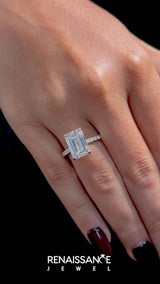 Rose gold Emerald Cut Diamond Pave Band Solitaire Ring with Round  and Prong Setting