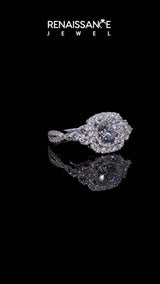 Silver Emerald Cut Diamond Halo Ring with Pavé Band and Four-Prong Setting