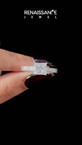 White gold Emerald Cut Diamond Engagement Ring with Milgrain Channel Set Band and Prong Setting