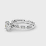 Silver Oval Solitaire Diamond Ring with Channel-Set Baguette Band and Four-Prong Setting