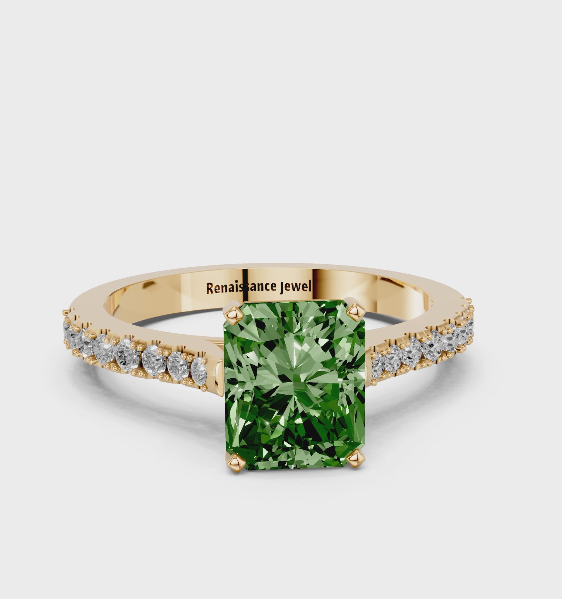 Yellow gold Fancy Green Radiant  Cut Solitaire Diamond Engagement Ring with Pave Band and Four-Prong Setting_102