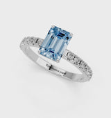 Platinum Fancy Blue Emerald Cut Diamond Solitaire Pavé Band with Four-Prong Setting