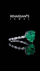 Silver Heart Cut Emerald Ring with Marquise and Round  Side Stones and Four-Prong Setting