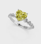 Silver Fancy Yellow Heart Cut Solitaire Diamond Ring with Pave Band and Four-Prong Setting