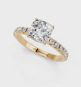 Yellow gold Cushion Cut Diamond Solitaire Pavé Band with Four-Prong Setting