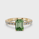 Yellow gold Fancy Green Emerald Cut Diamond Solitaire Pavé Band with Four-Prong Setting