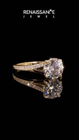 Yellow gold Asscher Cut Diamond Solitaire Ring with Pavé Band and Prong Setting