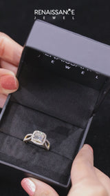 Yellow gold Princess Cut Diamond Halo Ring with Split Shank Pavé Band and Prong Setting