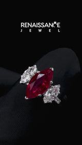 Silver Three-Stone Marquise Cut Ruby Ring with Round  Pavé Band and Prong Setting