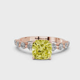 Rose gold Fancy Yellow Cushion Cut Solitaire Diamond Ring with Pave Band and Four-Prong Setting