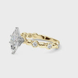 Yellow gold Marquise Solitaire Bezel-Set Diamond Ring with Beaded Band and Four-Prong Setting
