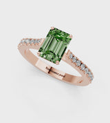 Rose gold Fancy Green Emerald  Cut Solitaire Diamond Engagement Ring with Pave Band and Four-Prong Setting