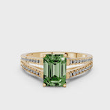 Yellow gold Fancy Green Emerald Cut Diamond Solitaire Engagement Ring with Split Shank Pavé Band