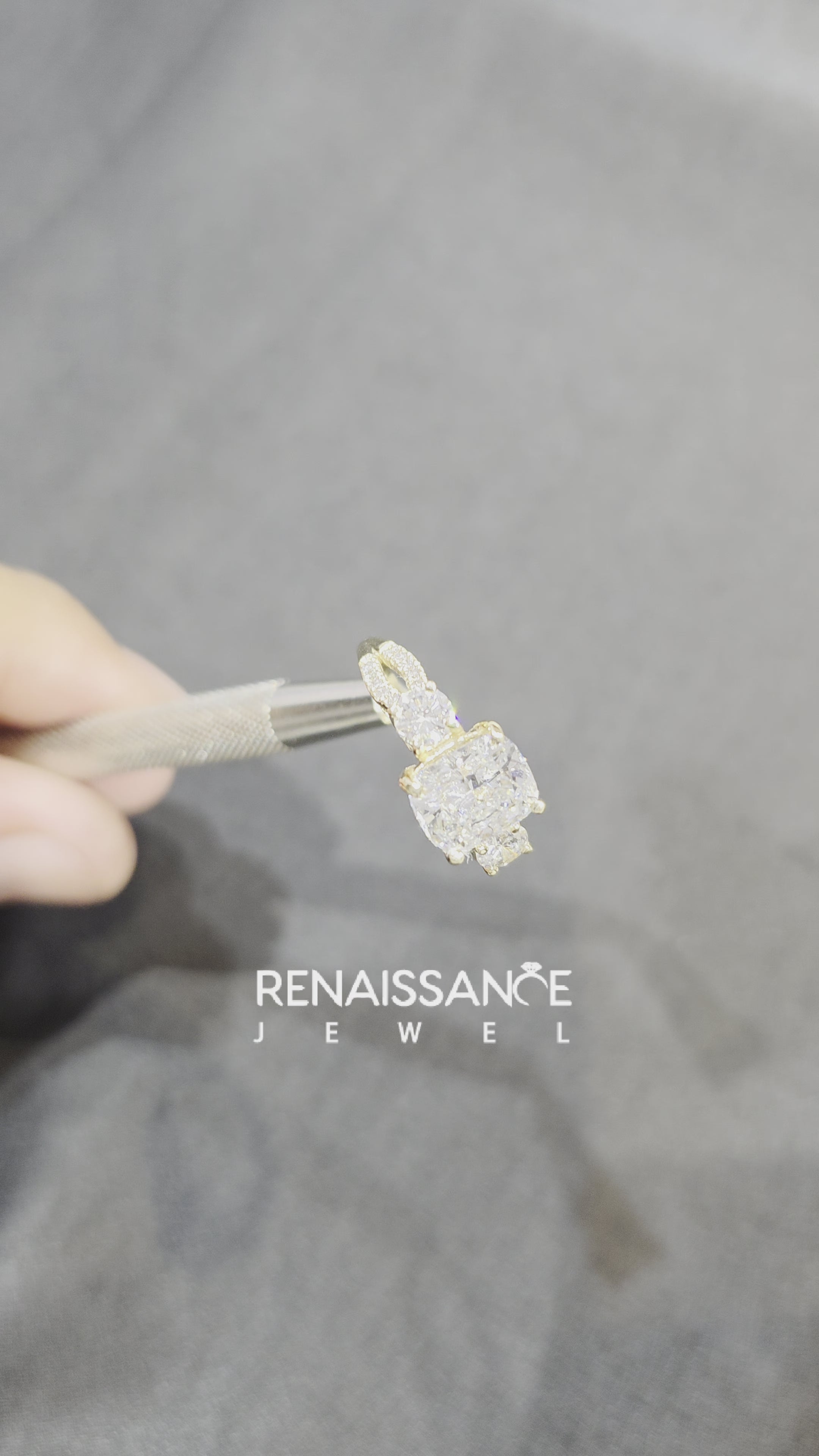 Yellow gold Cushion Three-Stone Diamond Ring with Pavé Split Shank and Four-Prong Setting 6