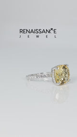 Silver Cushion Cut Citrine Pave Band Solitaire Ring with Round  and Prong Setting