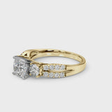 Yellow gold Cushion Cut Diamond Three-Stone Ring with Pavé Split Shank and Four-Prong Setting
