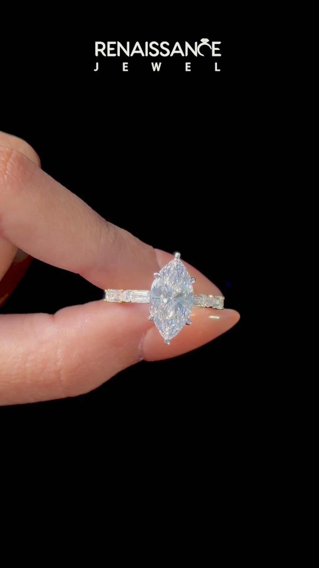 Yellow gold Marquise Solitaire with Side Baguettes and Channel Set Band_9