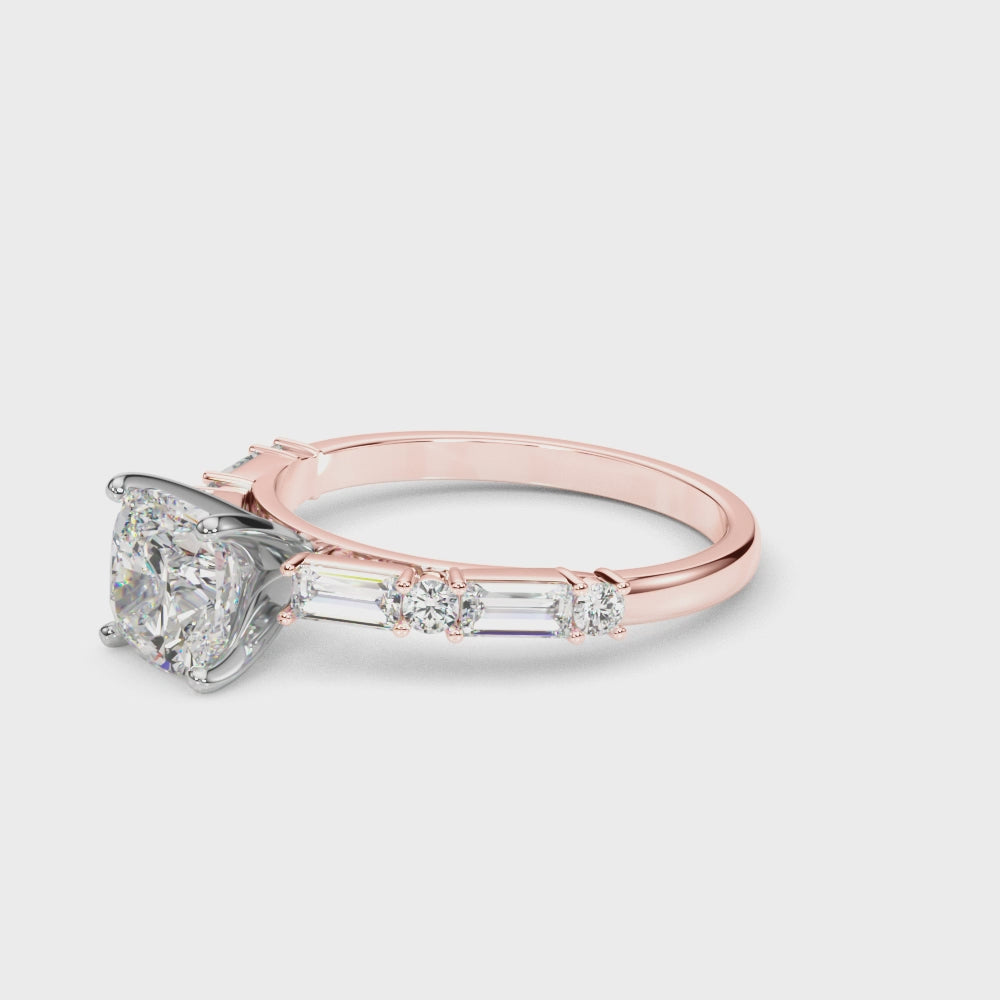 Rose gold Cushion Solitaire with Side Baguettes and Channel Set Band 3