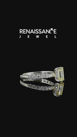 Silver Fancy Yellow Emerald Cut Diamond Solitaire Ring with Round  Pavé Band and Four-Prong Setting