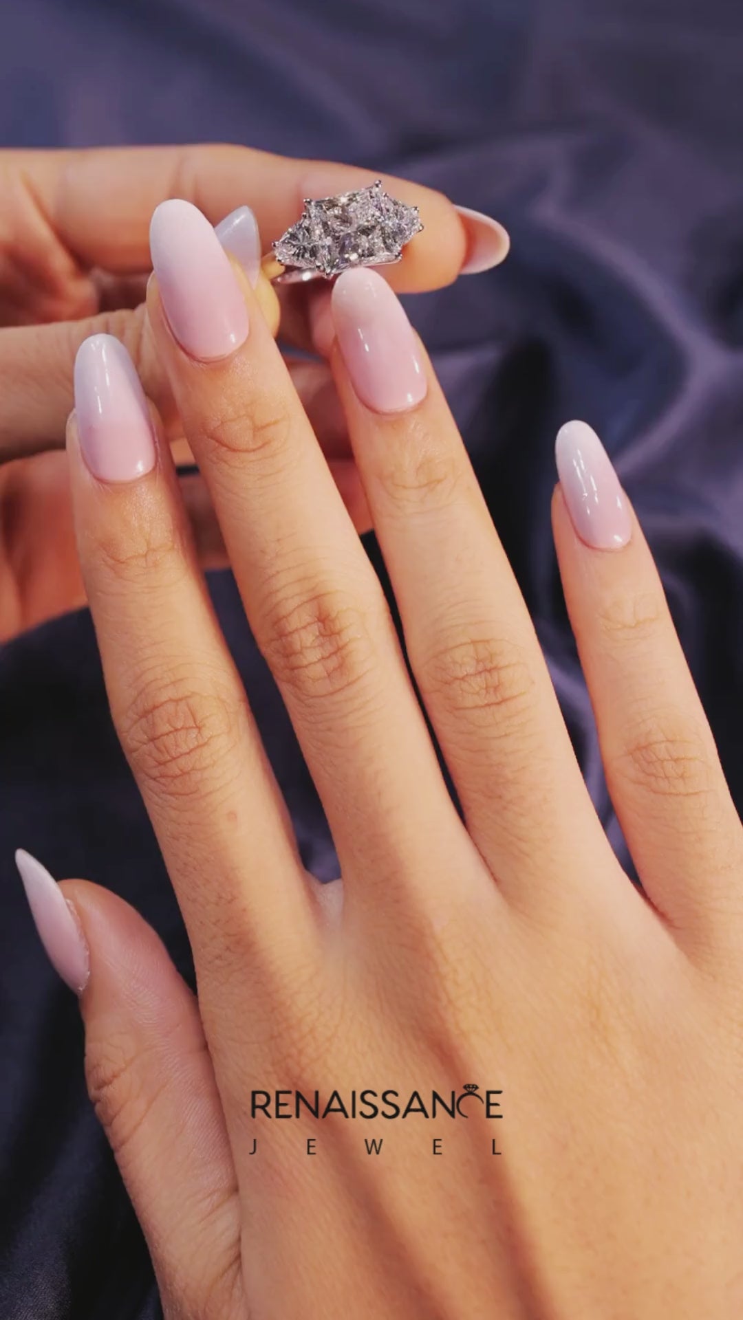 White gold Three-Stone Princess Cut Diamond Ring with Trillion Side Stones and Four-Prong Setting 5