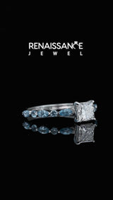 Platinum Princess Cut Diamond Ring with Marquise and Round with Blue Topaz side stone Side Stones and Four-Prong Setting