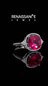 White gold Cushion Cut Ruby Halo Ring with Tapered Band and Four-Prong Setting