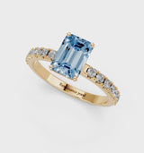 Yellow gold Fancy Blue Emerald Cut Diamond Solitaire Pavé Band with Four-Prong Setting