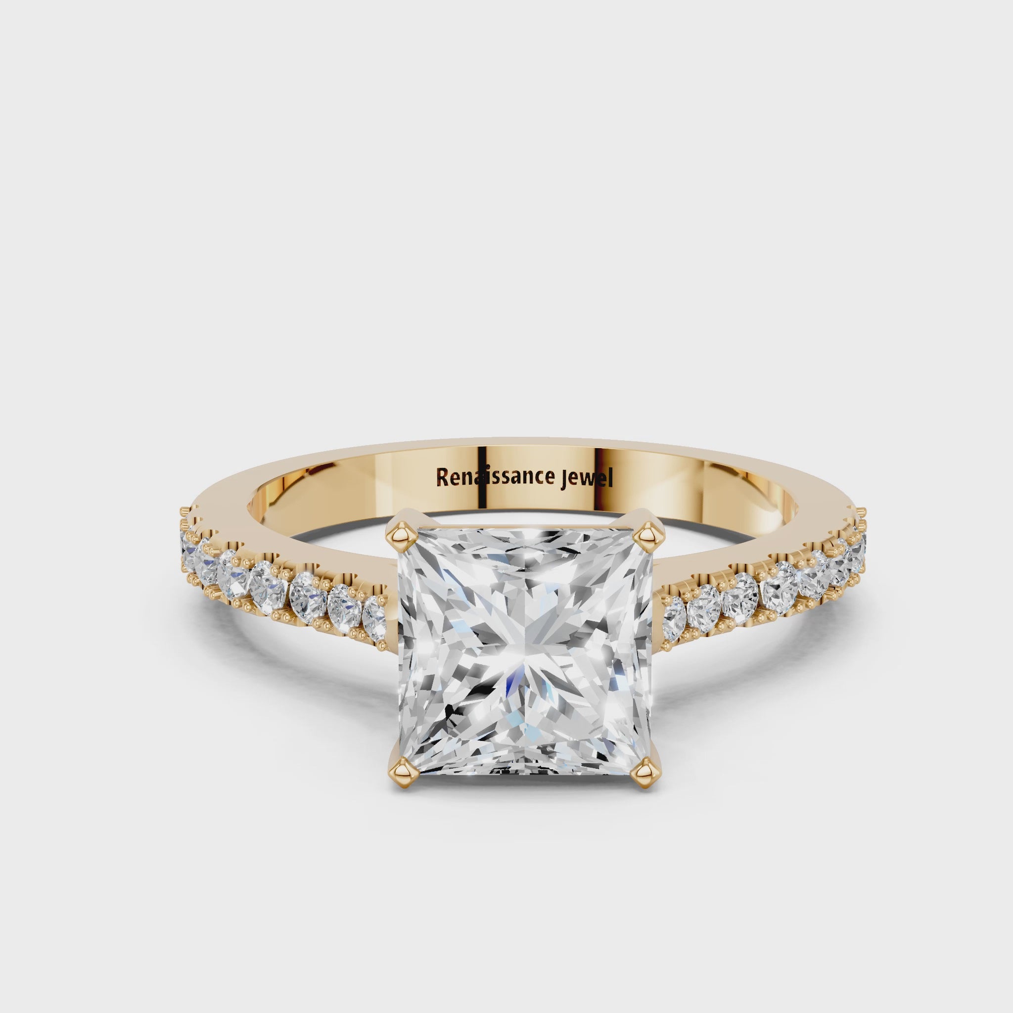 Yellow gold Princess Cut Solitaire Diamond Engagement Ring with Pave Band and Four-Prong Setting_89