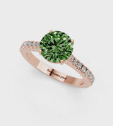 Rose gold Fancy Green Round  Cut Solitaire Diamond Engagement Ring with Pave Band and Four-Prong Setting