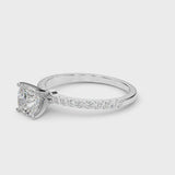 Silver Cushion Cut Diamond Solitaire Ring with Pavé Accents and Four-Prong Setting