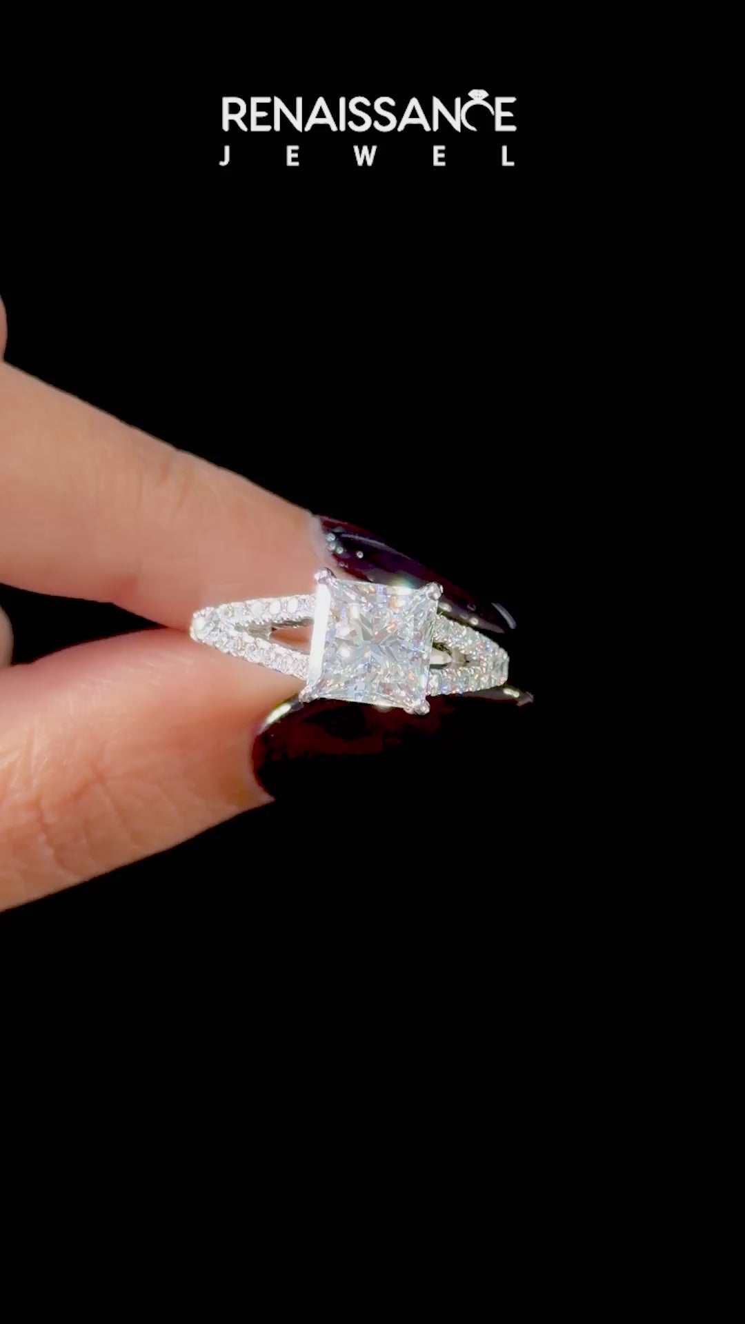 Platinum Princess Cut Split Shank Pave Engagement Ring with Four-Prong Setting_30