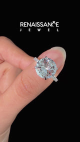 Silver Round Cut Aquamarine Solitaire Ring with Round  Pavé Band and Four-Prong Setting