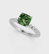 Platinum Fancy Green Cushion Cut Diamond Solitaire Ring with Beaded Band and Prong Setting