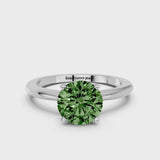 Silver Fancy Green Round Cut Diamond Solitaire Ring with Six-Prong Setting and Classic Band
