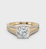 Yellow gold Cushion Cut Diamond Solitaire Engagement Ring with Split Shank Pavé Band