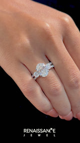 Platinum Oval Cut Diamond Three-Stone Ring with Pavé Split Shank and Four-Prong Setting