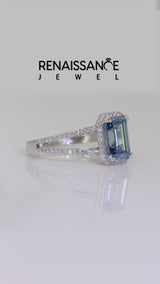 Platinum Fancy Blue Emerald Cut Diamond Halo Split Shank Engagement Ring