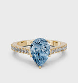 Yellow gold Fancy Blue Pear  Cut Solitaire Diamond Engagement Ring with Pave Band and Four-Prong Setting