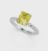 Silver Fancy Yellow Radiant Cut Diamond Solitaire Ring with Beaded Band and Prong Setting