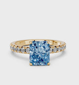 Yellow gold Fancy Blue Radiant  Solitaire Pave Diamond Engagement Ring with Four-Prong Setting