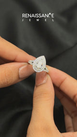 Platinum Pear Cut Diamond Double Halo Ring with Split Shank and Prong Setting